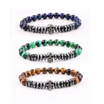 New Design Men Bracelet Stainless Steel Skull Charm Hematite Tiger Eye Beads Elastic Bracelet Men Jewelry Gift