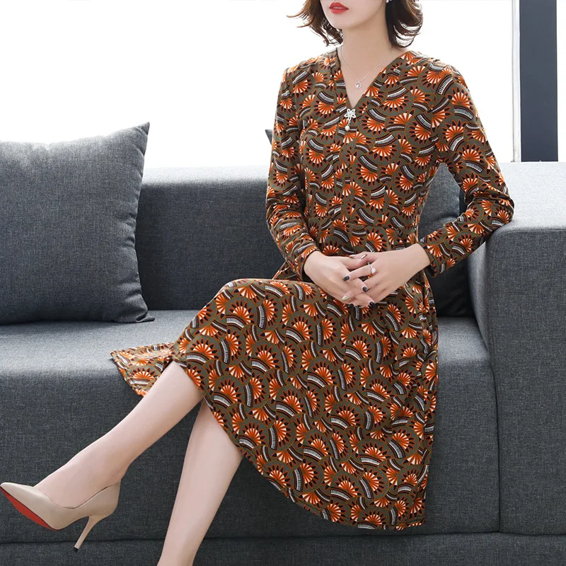 

2019 Autumn Clothing New Style Fashion Slim Fit Long Sleeve Small Floral Dress Women's Spring And Autumn Elegant over-the-Knee L