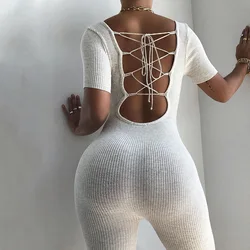 Macacão esportivo para levantamento de quadril, verão, novo, slim fit, bandagem, costas abertas, feminino, 2021