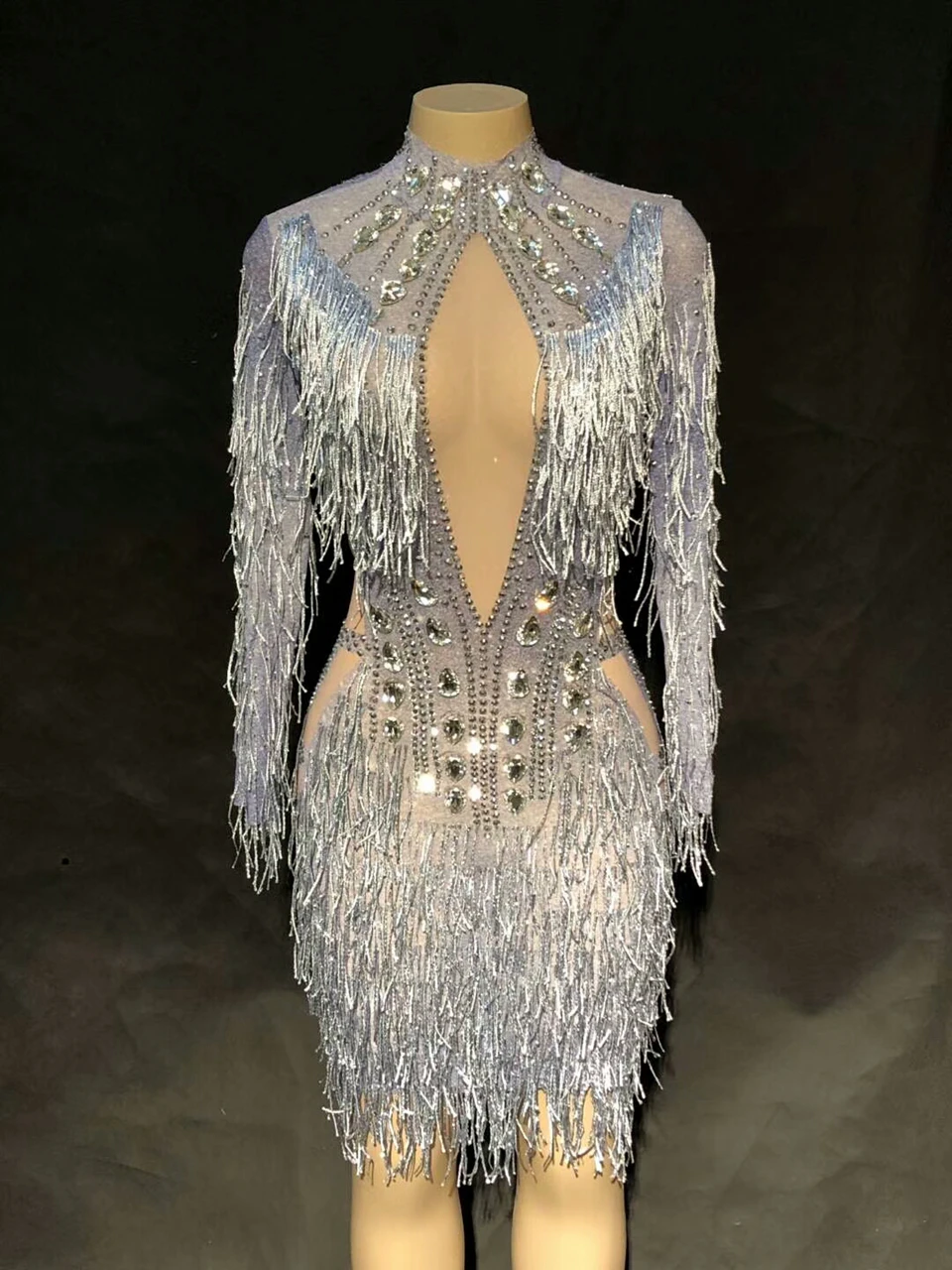 Sheath Sexy Dresses Performance Outfits Sparkly Rhinestone Crystal Female Birthday Celebrate Costume Singer Party Clothing