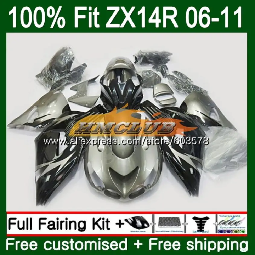 Инъекции для KAWASAKI ZZR1400 ZX14R 06 07 08 09 10 11 113CL. 30 серебристый черный ZX 14R ZX-14R 2006 2007 2008 2009 2010 2011 обтекатель