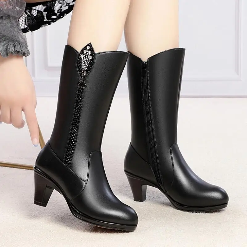 Fashion women's boots 2020 winter new Genuine Leather High heel riding boots wool Mid-Calf boots Women's black plus size shoes