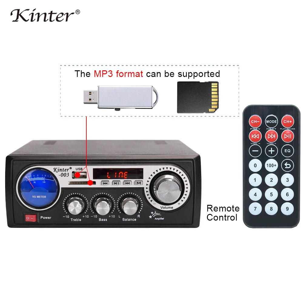 Kinter-003 mini amplifier audio stereo sound supply power 220V and DC12V offer USB SD card input FM radio remote control