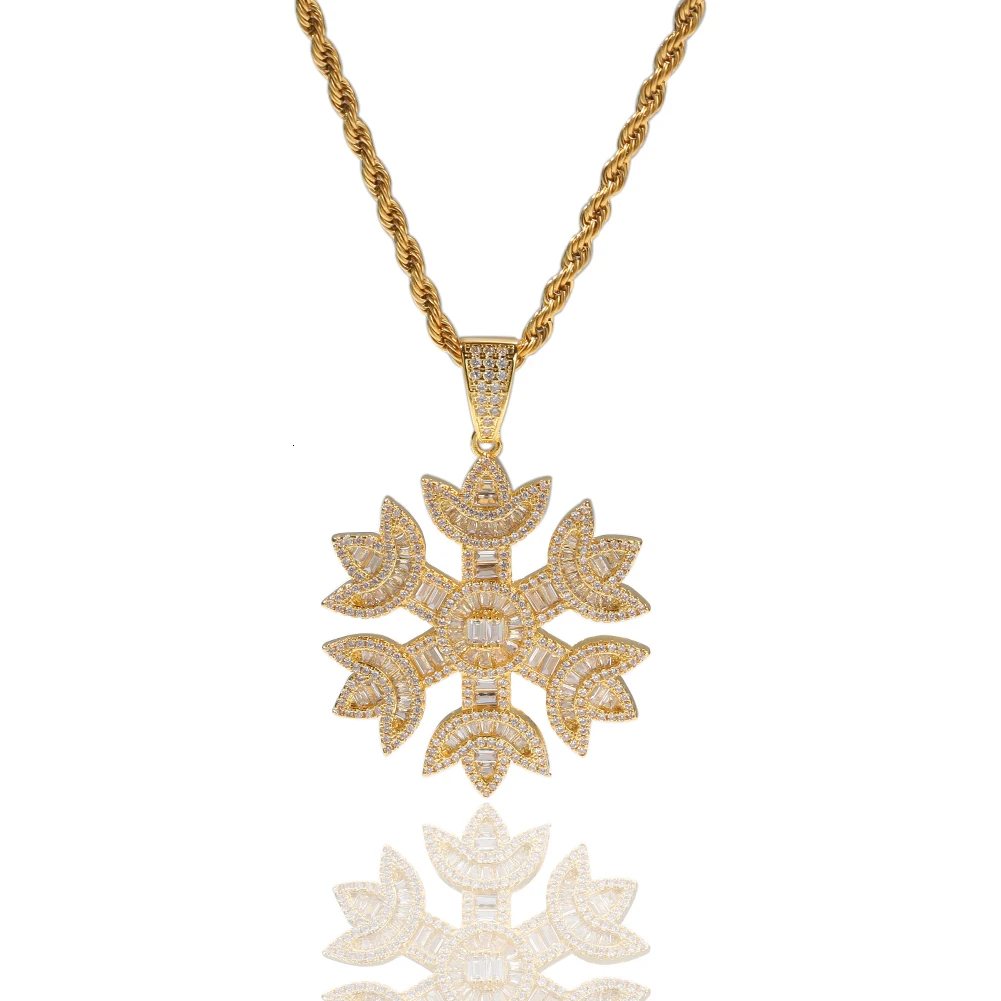 UWIN Fashion Men Women Baguette Snow Shape Pendant Necklace Gold Color Iced Bling Bling Cubic Zirconia Hiphop Jewelry