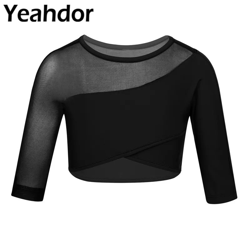Kids Girls Gymnastics Dance Crop Top Girls 3/4 Sleeves Asymmetrical Tops Crop Top for Ballet Dance Stage Performance Workout