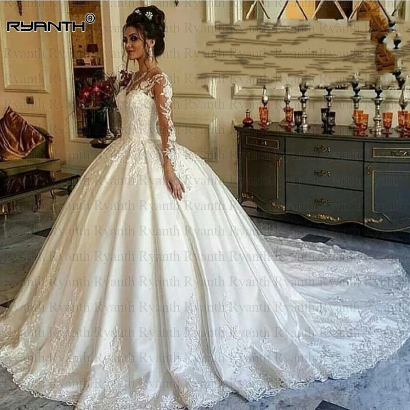 Vestido de noiva, роскошное бальное платье принцессы, атласное свадебное платье,, на заказ, халат de mariee, кружевное свадебное платье с длинными рукавами