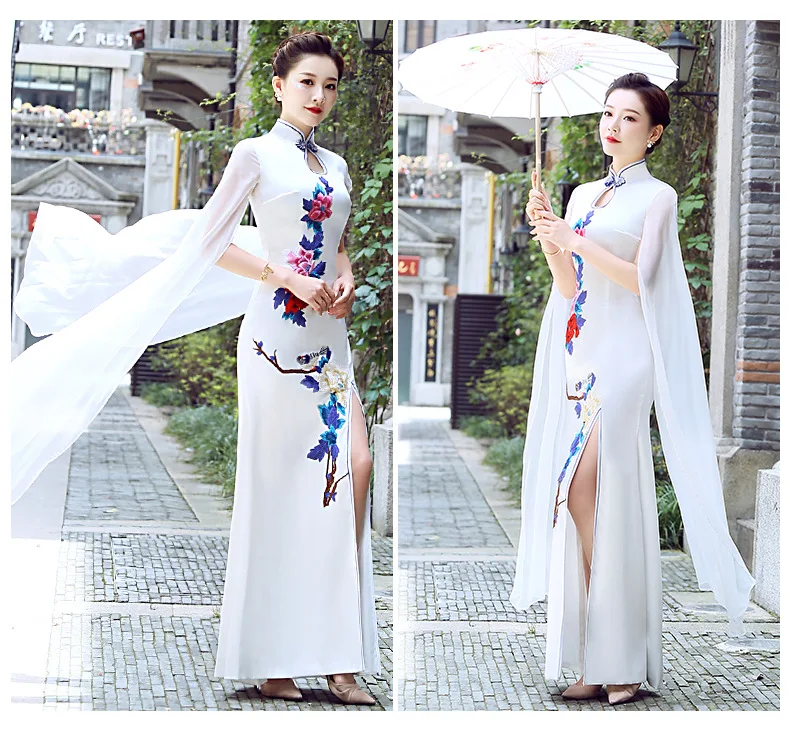 Пикантные Чонсам «рыбий хвост» с цветочной вышивкой улучшенный cheongsam танцевальная Костюмы Qipao вечернее платье Платье для вечеринки
