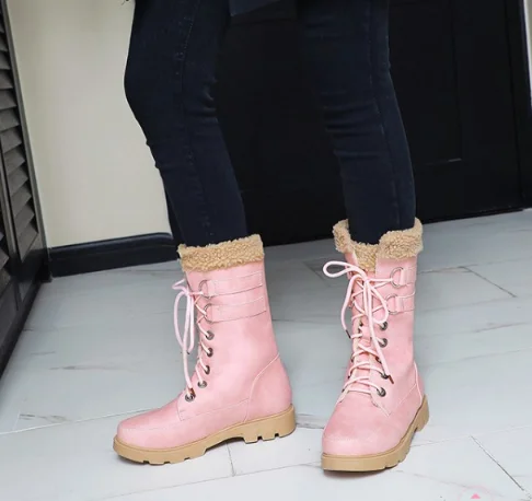 women winter boots round toe low heels warm lace-up fur shoes woman chaussure zapatos mujer gladiator vintage booties H281