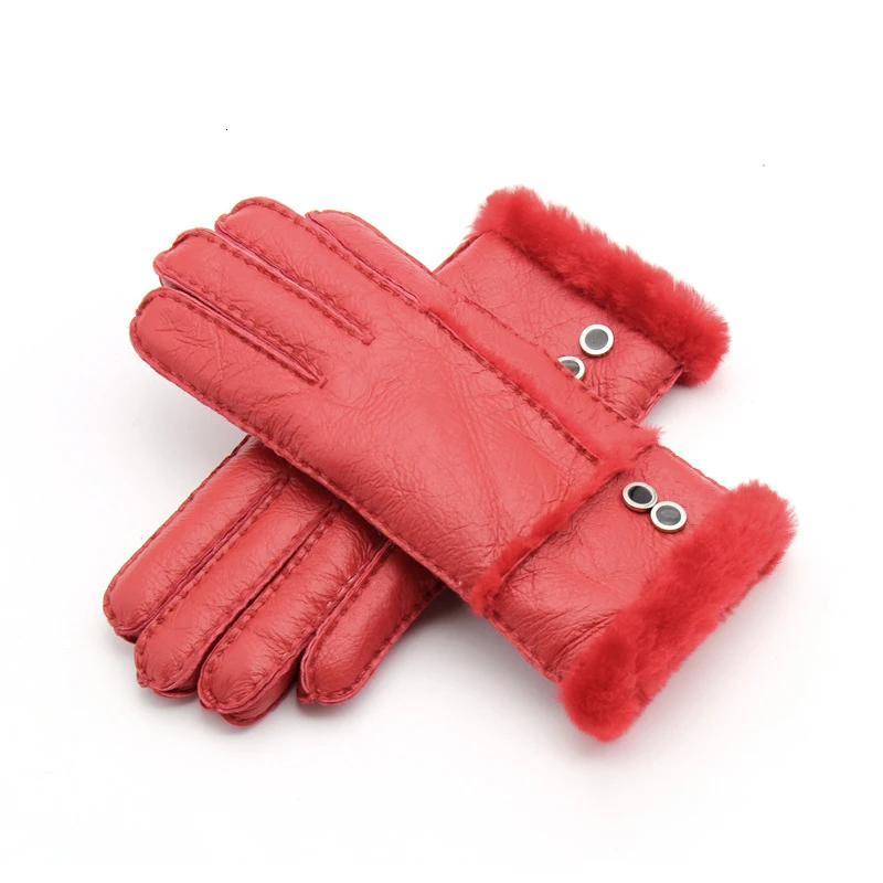 red Новые женские перчатки из натуральной кожи, зимние шерстяные флисовые теплые перчатки на весь палец, Элегантные Женские ветрозащитные перчатки для вождения на открытом воздухе - Color: red