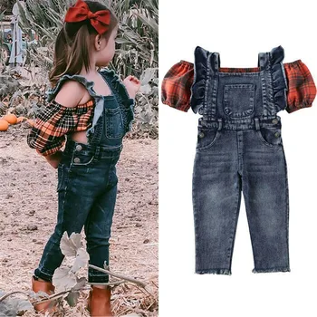

2020 Summer Kids Baby Girls Clothes Sets Plaid Print Balloon Sleeve Vest Crop Tops Denim Suspender Long Pants Outfit 1-6Y
