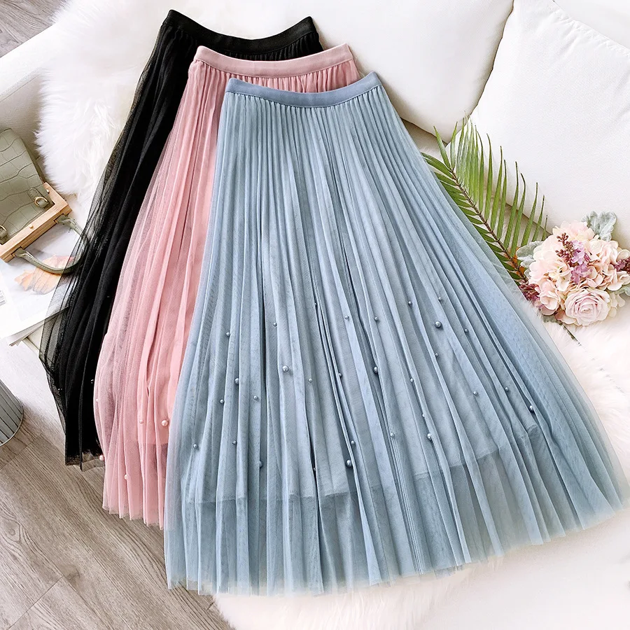 

AcFirst Spring Khaki Blue Women Skirts High Waist Pleated Mid Calf Sexy Long Skirts Mesh Clothing Empire Plus Size Beading