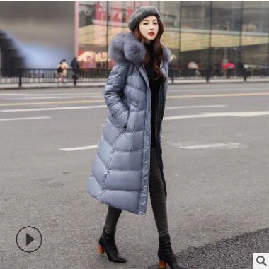 Blue Real fur neck KULAZOPPER, Женская длинная парка, натуральный Лисий мех, воротник с капюшоном, пуховик, зимняя куртка, женская брендовая Роскошная модная новинка, верхняя одежда LH016 - Цвет: Blue Real fur neck