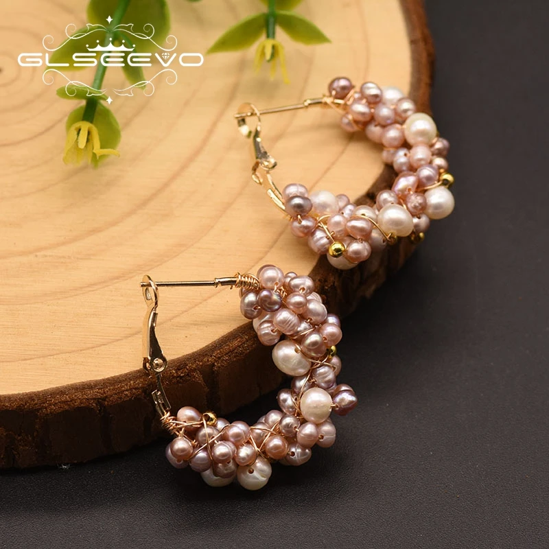 Женские серьги кольца GLSEEVO большие розового цвета с натуральным пресноводным