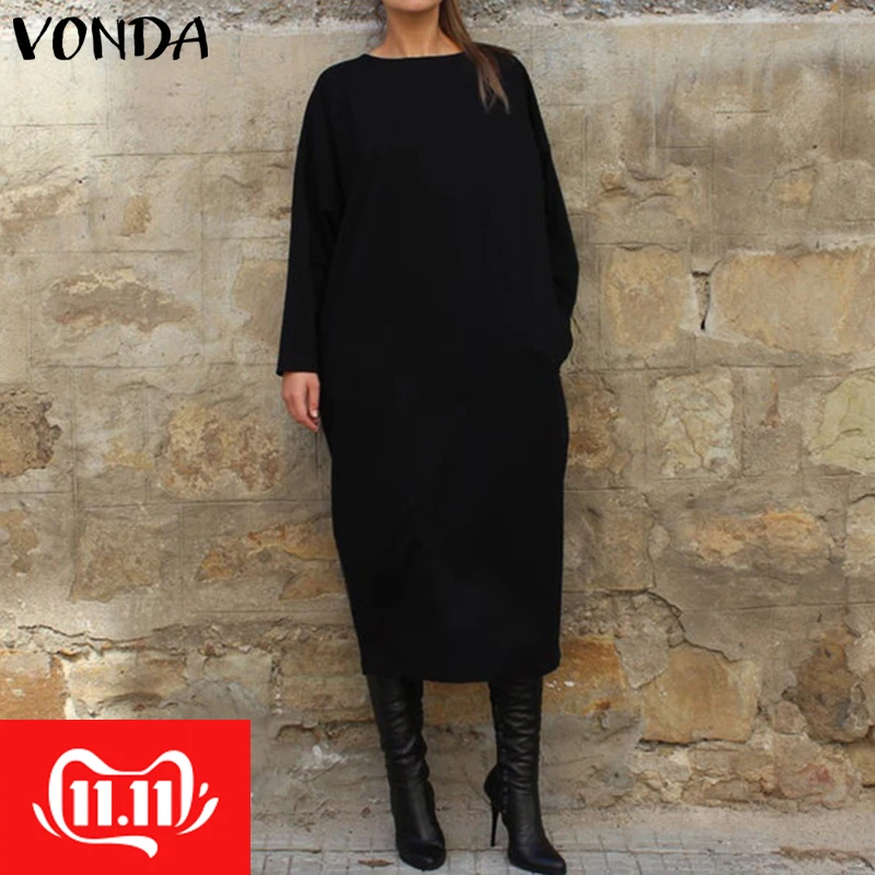 

VONDA Women Autumn Long Dress Fashion Round Neck Long Sleeve Shirt Dress 5XL Vestidos Plus Size Robe Femme Women's Tunics