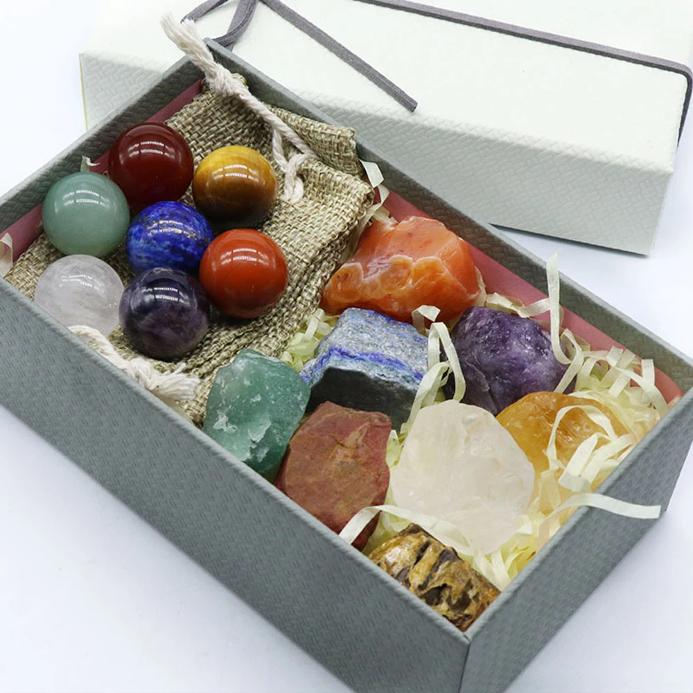 15PCS Irregular Natural Stone Seven Chakras Round Ball Crystal Rough Stone Set Gift Box Reiki Healing DIY Jewelry Home Decor
