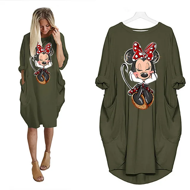 Disney Plus Size Midi Dress Long Sleeve Robe Casual Minnie Mickey Mouse Print Beach Loose Dresses Kawaii Sundress Women Clothing D002H1695 Green