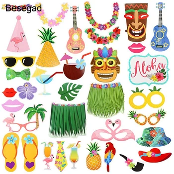 

Besegad 36PCS Reusable DIY Hawaii Theme Photo Booth Props Picture Photo Selfie Frame Photography Booth Party Accessories Toy