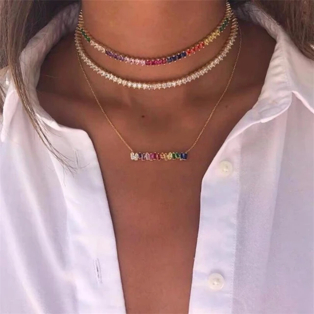 NEWESThigh quality rainbow baguetee cz bar geometric Pendant ; Necklaces colorful crystal Gold filled women fashion choker gifts