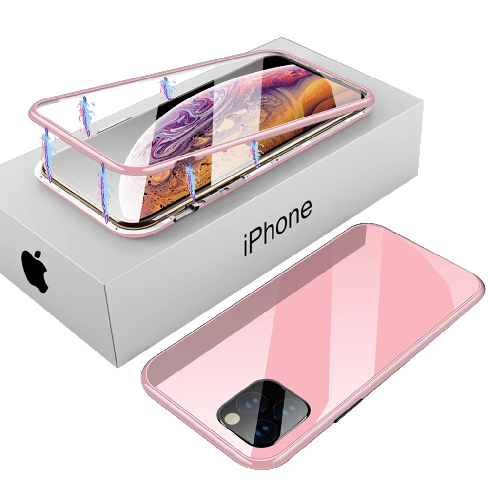 Магнитный флип-чехол из закаленного стекла для iPhone 11 5,8 6,1 6,5 дюйма 360 магнит Адсорбция металлический бампер Стекло полный защитный чехол - Цвет: Pink