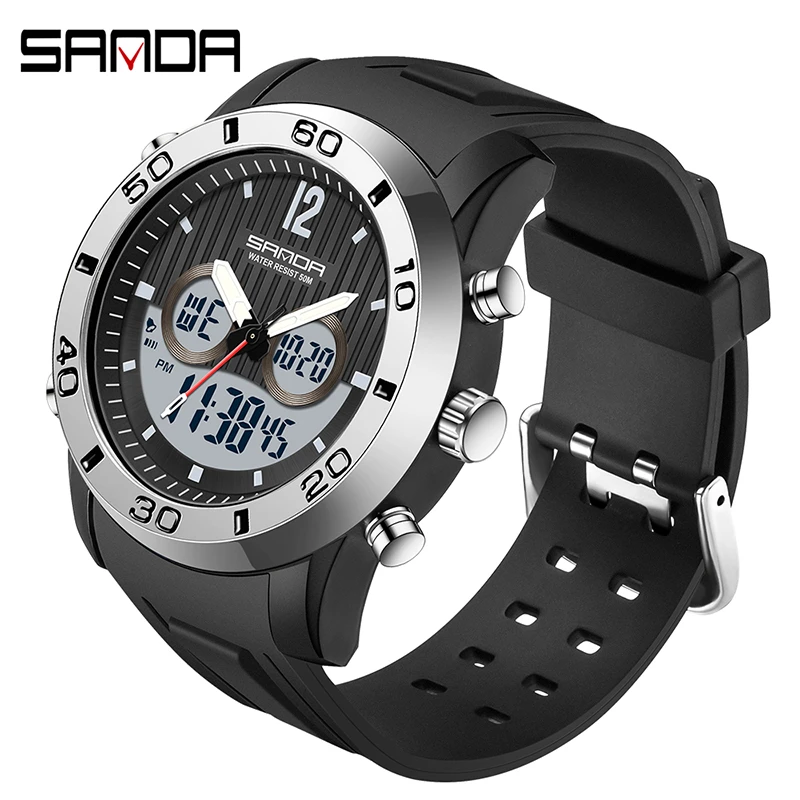 SANDA Janpan Electronic Movement Men's Watches Sport 2Time Led Display Military Digital Waterproof Alarm Watch Relogio Masculino