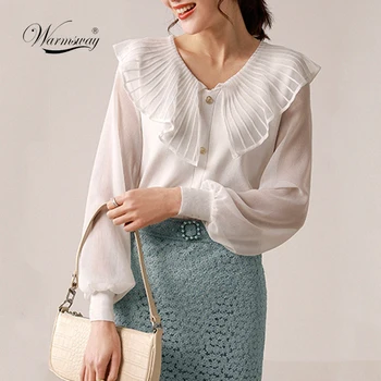 

women chic turn down collar black white blouse ruffles long sleeve office wear female shirt elegant solid top blusas C-006