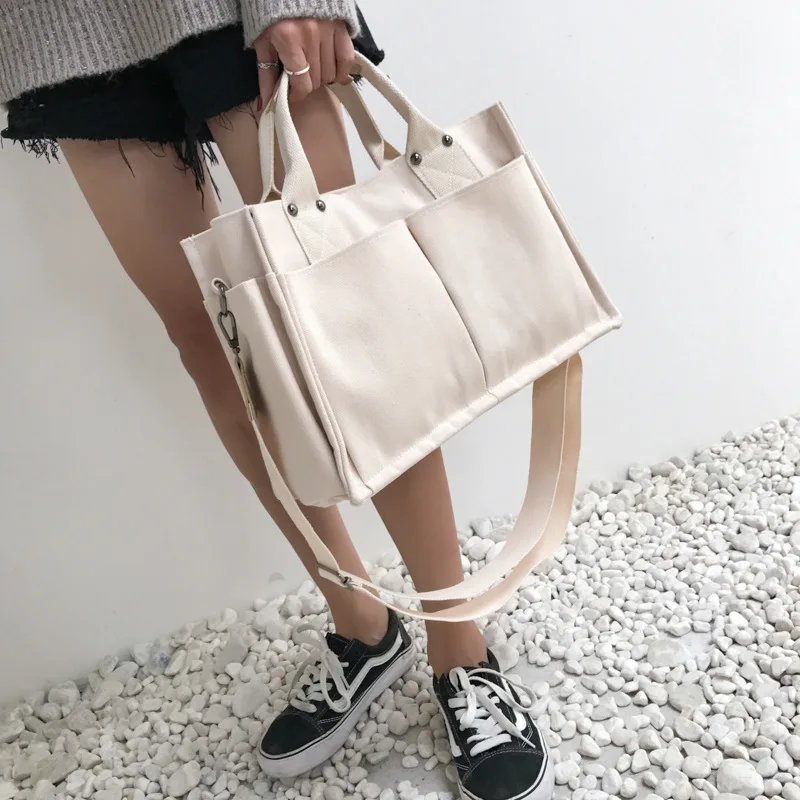 ZAFREE Tote Bags for Women Women Casual Canvas Shoulder Bag Ladies Exterior  Pockets Crossbody Bags Solid Thick Cotton Cloth Purses and Handbags for  (Color : White): Buy Online at Best Price in