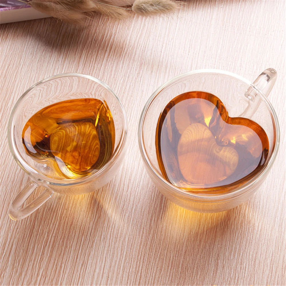 180ml/240ml Heart Love Shaped Tea Beer Mug Juice Cup Coffee Cups Gift Double Wall Glass Heat-Resisting Drinkware | Дом и сад