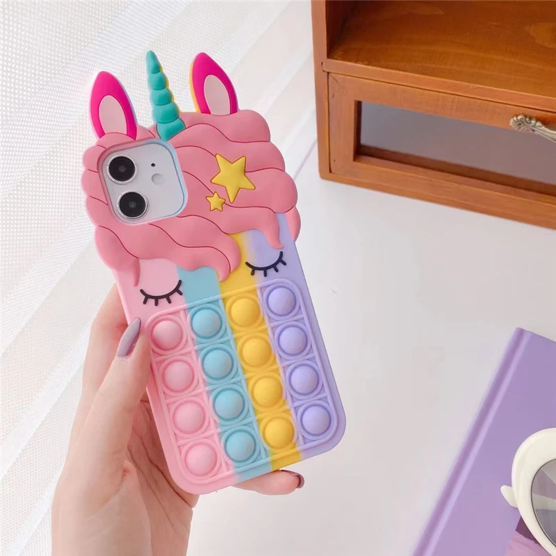 thumbnail image 1 of Pop Fidget Toys Bubble Case For iPhone 11 12 13 Pro X Xs Max XR 6 6s 7 8 Plus 5 5s SE Mini Cartoon Unicorn Soft Silicone Cover, 1 of 5
