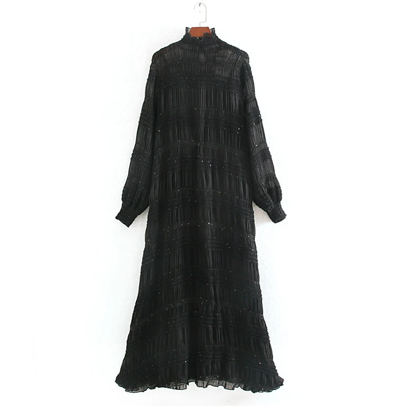 Платье с круглым вырезом однотонное блестками длинным рукавом длиной до