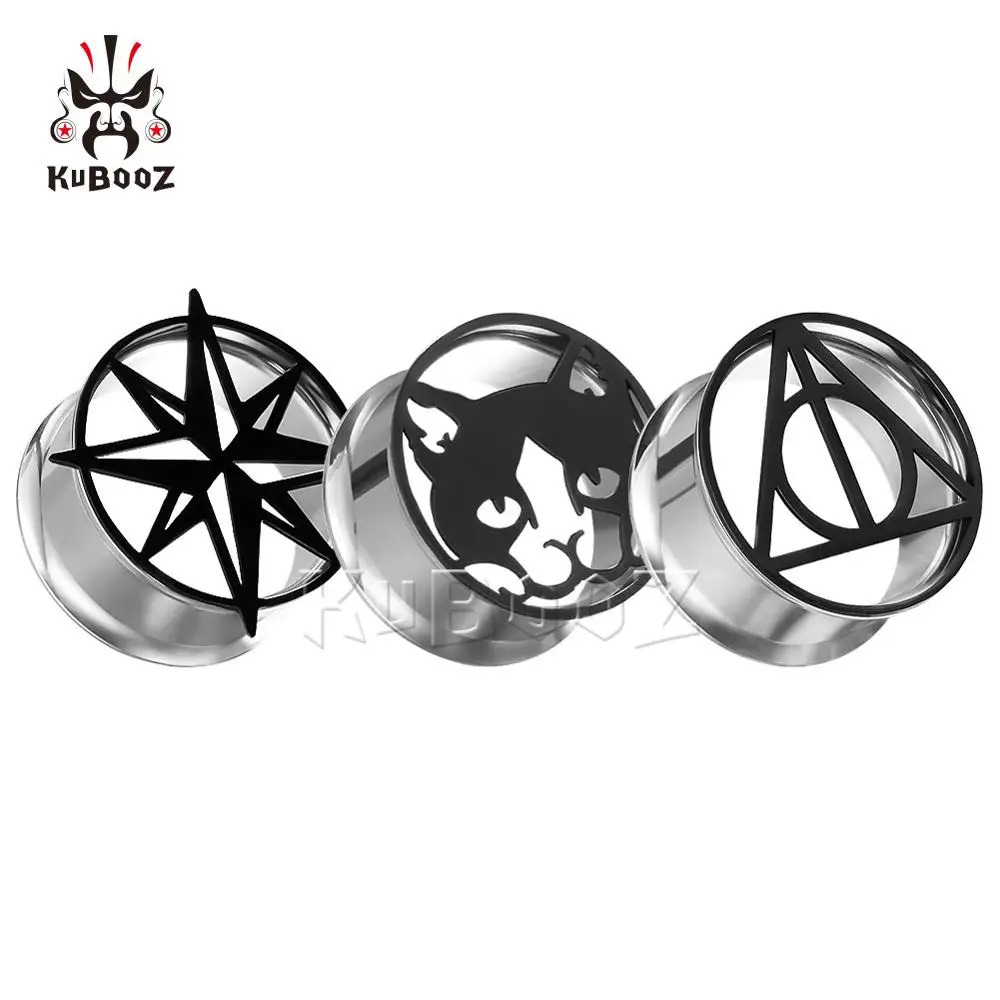 KUBOOZ, логотип, беруши, черные тоннели, сережки, модные, подарок, нержавеющая сталь, ювелирные изделия для тела, унисекс