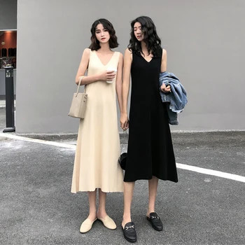 

Knitted Midi Dress Women Sundress Korean Fashion V-neck Sexy Robe Femme Spring Summer All-match Vintage Ladies Dresses Elegant