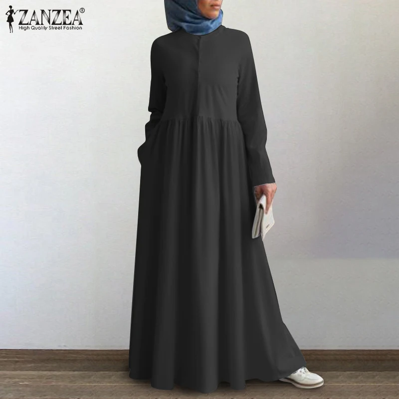 Retro Muslim Islamic Robe Womens Autumn Dress ZANZEA Casual Long Sleeve Button Maxi Vestidos Female Solid Turkish Clothing