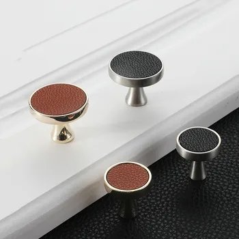 JD Vintage Leather Cabinet Knobs and Handles Wardrobe Kitchen Cupboard Door Pulls European Zinc Alloy Furniture Handle Hardware