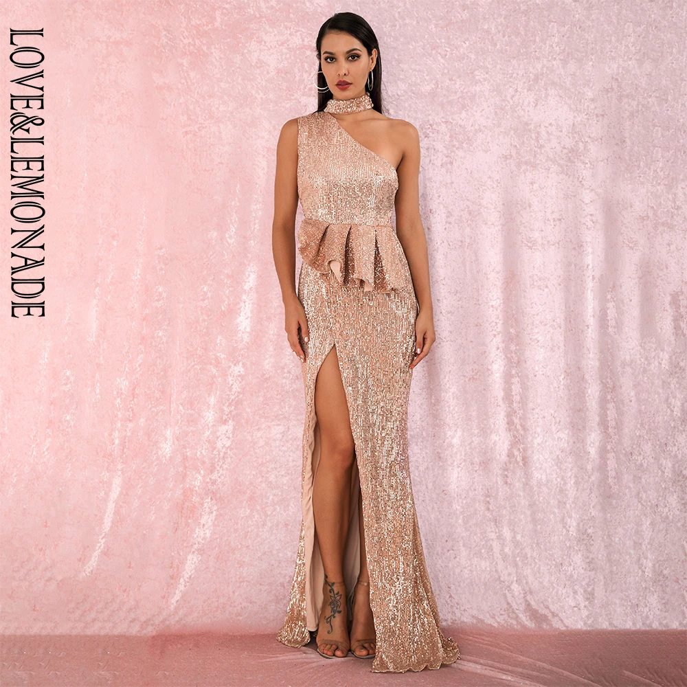 

LOVE&LEMONADE A/W Sexy Rose Glod Halter Strapless Shoulders Ruffled Split Elastic Sequins Sleeveless Party MAXI Dress LM81953