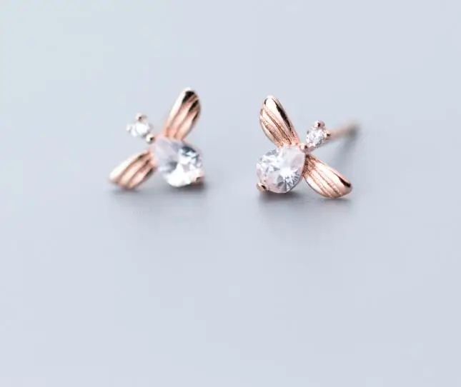 

1pair Real. 925 Sterling Silver fine jewelry golds /White Honeybee Bee Insect Animal stud earrings Women's GTLE2895