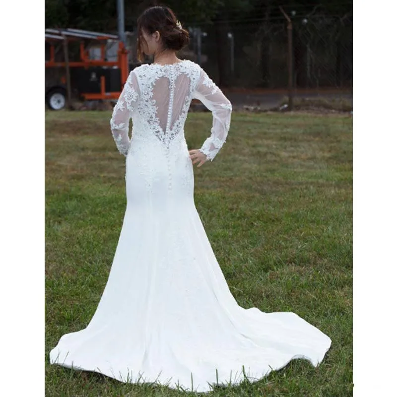 Boho Русалка Свадебные платья элегантные с длинным рукавом и круглым вырезом покрытые пуговицы Сердце Длинные свадебные платья Пляж Vestido De Noiva