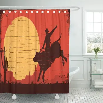 

Silhouette of Cowboy Riding Bull at Sunset on Wooden Shower Curtain Waterproof Polyester Fabric 72 x 72 Inches Set with Hooks