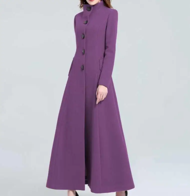 purple Большие размеры 3XL! длинное женское зимнее шерстяное пальто Новое однотонное классическое пальто высокого качества новое стоящее шерстяное пальто с воротником - Цвет: purple