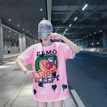 

2019 summer new European station fashion sequins casual skirt short-sleeved personality cartoon loose dress women's tide