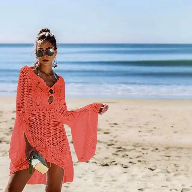 Трикотажный открытый пляжный бикини для отдыха купальник Защита от солнца Женская одежда крючком белый вязаный пляжное платье