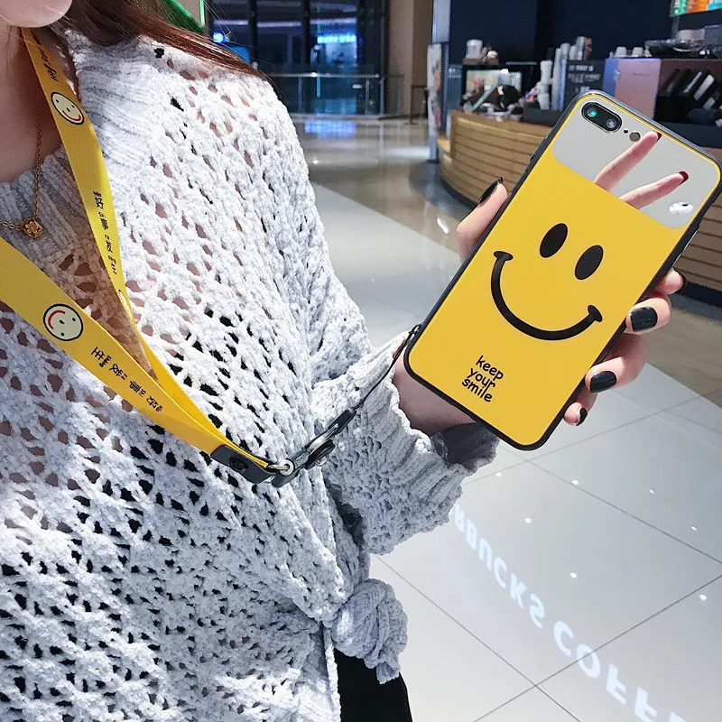 Простой креативный зеркальный чехол для телефона со смайликом для IPhone 11 Pro XS Max XR 7 8 6S Plus модный ремешок из закаленного стекла