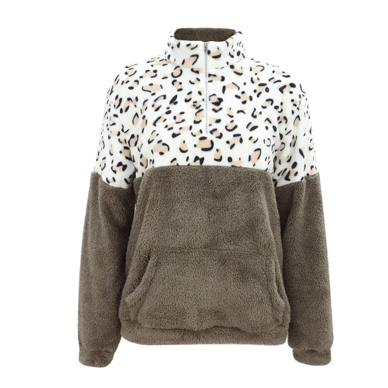 Women Fleece Sweatshirt Winter Casual Leopard Faux Fur Patchwork Fluffly Female Hoodies Warm Turtleneck Zipper Tops