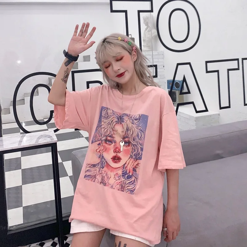 Ulzzang Сейлор Мун картина маслом Милый принт футболка женская летняя повседневная свободная BF Harajuku мода kawaii розовый мультфильм одежда
