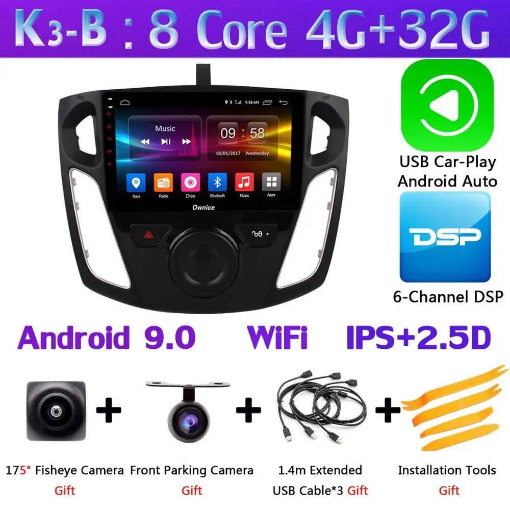 360 ° панорамный 4 × камера 4G SIM Android 9,0 4G+ 64G SPDIF DSP CarPlay Автомобильный плеер для Ford Focus 3 mk3 2012- gps Navi Радио - Цвет: K3-B-CarPlay