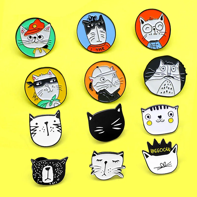Мультфильм 24 шт Круглые с принтом головa кота эмали штырь милые животные брошь в