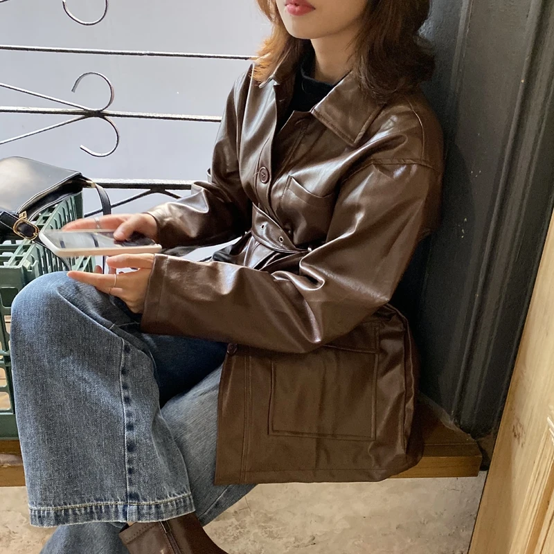 brown women jacket RealShe кожаная женская куртка с отворотами, длинным рукавом, сплошными карманами и поясом, Женская куртка, весенне-осенние пальто и куртки для женщин - Цвет: brown women jacket