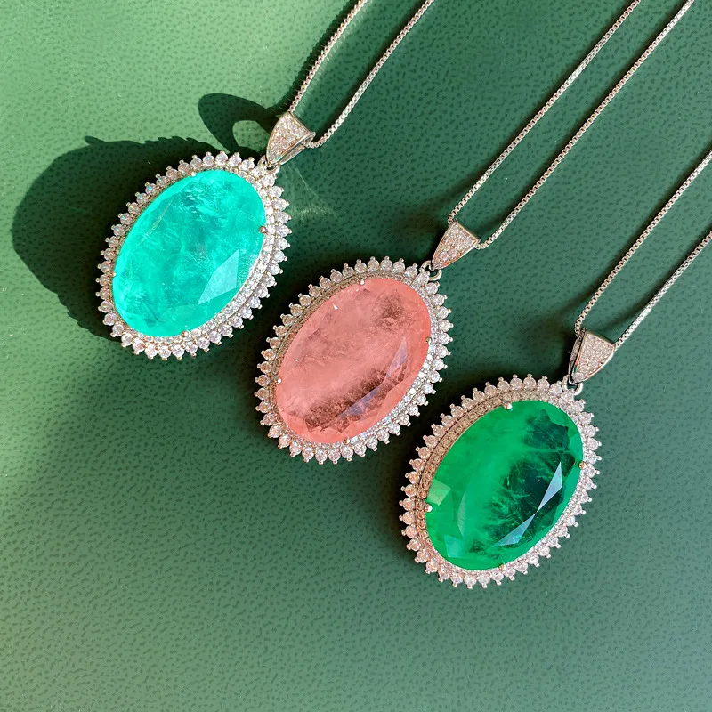 

EYIKA Charm Silver Color Emerald Pink Blue Fusion Crystal Gemstone Oval Pendant Necklace 20*30mm Women Bridal Wedding Jewelry