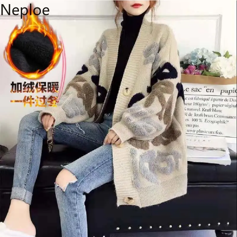 khaki Plus velvet Neploe Harajuku стиль свободные кардиганы свитер женский Осень Apring V образным вырезом с длинным рукавом вязаный принт Кнопка Pull Femme пальто 47488 - Цвет: khaki Plus velvet