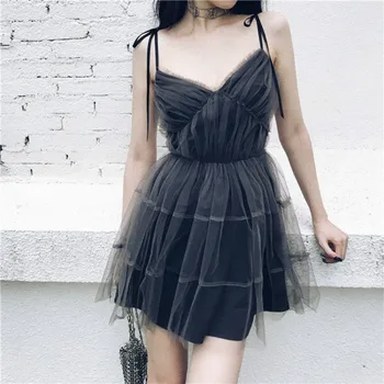 

Gauze Lace Bow Sexy V Neck Summer Dress Women High Waist Gothic 2020 Girls Ball Gown Camisole Dress