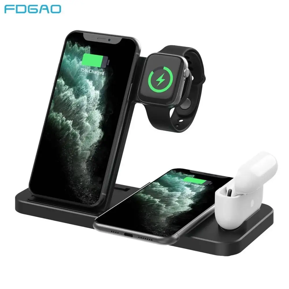 15W 4 In 1 Wireless Charger Dock Station for iPhone 12 11 X XS XR 8 Apple Watch 6 5 4 3 Airpods Pro Qi Fast Charging Base Stand